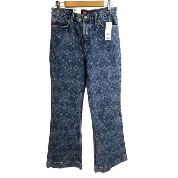 Lee Blue Mid Rise Floral Cotton Blend Drop Flare Jeans Size 28 NWT - Picture 2 of 11